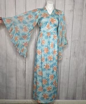 Vintage 70s Floral Maxi Dress Angel Wing Sleeves Boho Hippie Prairie, sz 13